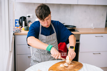 Authentic scene of slicing bread with vibrant natural light indoors