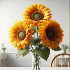 透明な花瓶に活けられたひまわりの花束