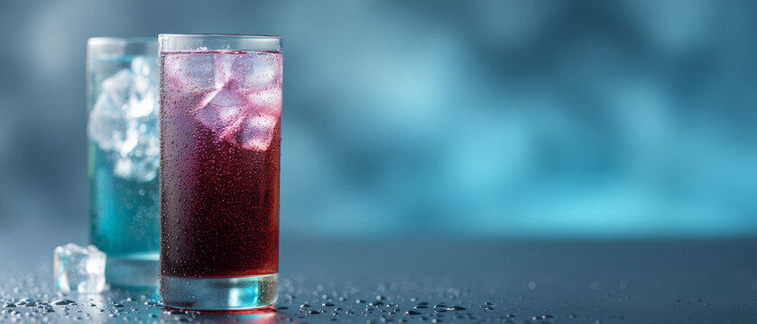 A close-up of two glasses filled with a red and blue beverage, respectively, on top of a surface covered in water droplets.