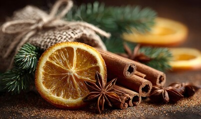 Christmas spices with a dried orange slice, cinnamon sticks, star anise, and pine branches on a rustic wooden background