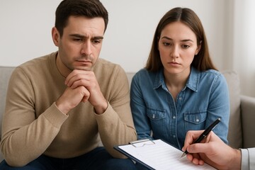 A concerned couple sits on a sofa during a consultation as a professional holds a clipboard and pen. Concept of counseling, difficult choice, relationship stress. For article on counseling