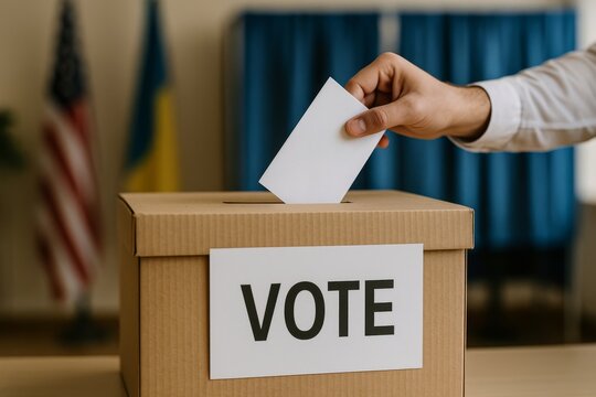 Hand drops a ballot into a cardboard box labeled "VOTE" inside a polling room. Concept of election, democracy, civic duty. For voter education article