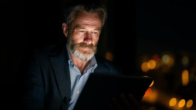 Medium shot of a marketing professional interpreting AIbased customer preference data on a tablet with a focused expression.