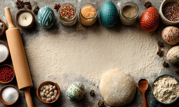 Baking ingredients, dough, rolling pin, and colorful painted easter eggs arranging a festive holiday frame on flour
