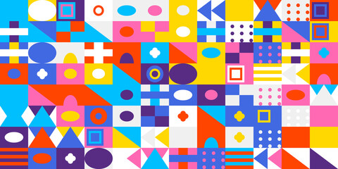 Vibrant geometric mosaic pattern with diverse colorful shapes and forms, a modern abstract composition creating a dynamic, playful background design.