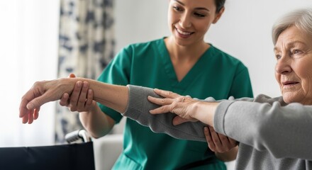 caucasian nurse in green scrubs helps senior woman in wheelchair with physical therapy arm exercises at home. rehabilitation and elderly care. banner, website header.
