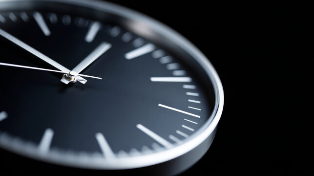 A close up of a clock with the time at ten minutes past five on its face, against a black background