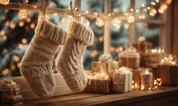 Knitted stockings hanging on a string of festive lights on a snowy window sill with beautifully wrapped christmas presents