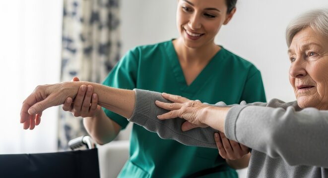 caucasian nurse in green scrubs helps senior woman in wheelchair with physical therapy arm exercises at home. rehabilitation and elderly care. banner, website header. - Powered by Adobe