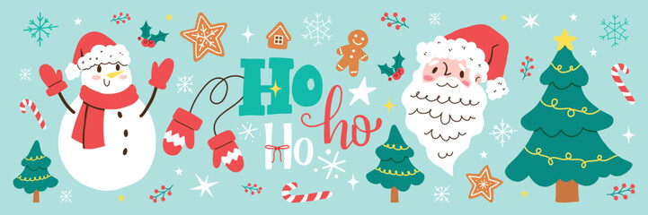 Festive Christmas Scene With Santa Claus, Happy Snowman, Christmas Trees, Candy Canes, Stars, Gifts, and Ho Ho Ho Message