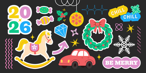Y2K Holiday Sticker Collage 2026 With Wreath, Car, Rocking Horse, Candy, Snowflakes, Be Merry and Festive Retro Elements