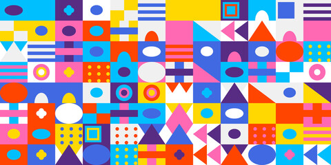Vibrant abstract mosaic background featuring a playful geometric pattern with colorful shapes like circles, squares, and triangles for modern designs.