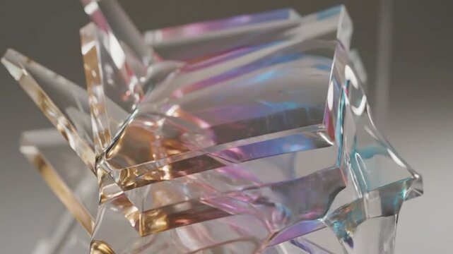 Closeup of a clear abstract sculpture with fluid top and geometric base