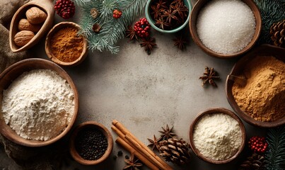 Assortment of baking ingredients and aromatic spices for festive christmas cooking on a rustic background with holiday decorations