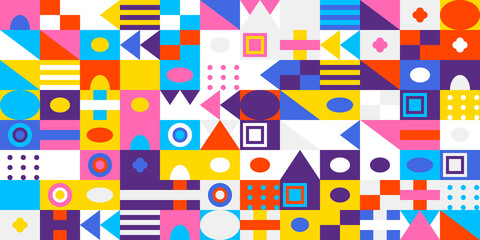 Vibrant, dynamic abstract geometric pattern background with a modern flat design. features a mosaic of colorful squares, circles, triangles, and lines.
