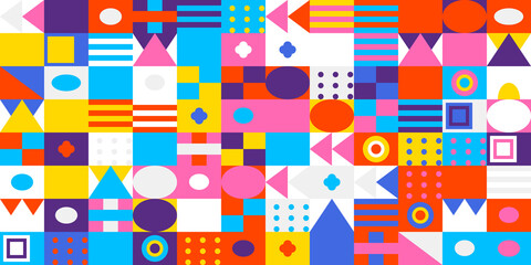 Vividly colored geometric shapes forming an intricate, dynamic, and contemporary abstract mosaic pattern with squares, circles, triangles, and dots.