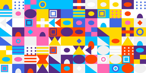 Fototapeta premium Abstract geometric pattern with colorful shapes and vibrant squares creating a modern, playful, and dynamic mosaic background design illustration