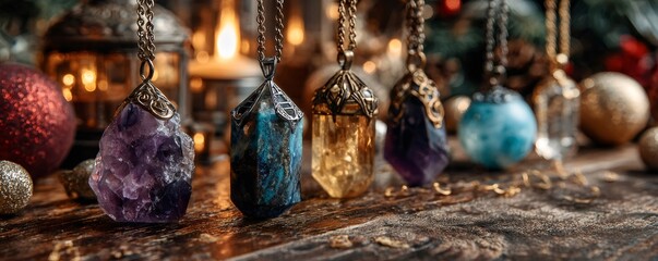 Colorful gemstone necklaces displayed on rustic wood with glowing christmas lights and decorations creating a warm holiday mood
