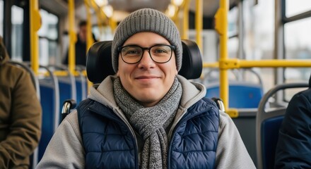 smiling caucasian man in wheelchair traveling on city bus. disabled person commuting in winter. accessibility and inclusion concept. banner, website header, social media post.