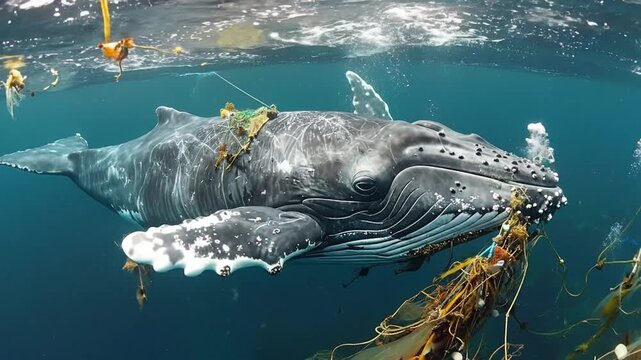 A majestic humpback whale entangled in a hazardous fishing net, highlighting the devastating impact of marine debris