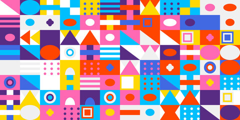 Dynamic and colorful geometric pattern background featuring a vibrant array of abstract shapes like circles, squares, and triangles, in a modern, playful design.