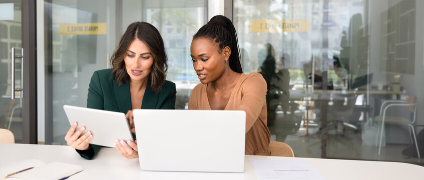 Busy diverse company coworkers discussing online project strategy