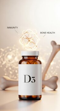 Brown bottle labeled D3 with glowing molecular structure representing immunity and bone health, bone shapes in background, neutral warm lighting, medical supplement concept.