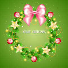 A fir tree festive wreath. Decorated with stars and balls and a pink bow.