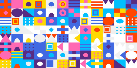 Vibrant geometric pattern with a playful and modern design featuring an array of colorful shapes, perfect for abstract backgrounds and creative projects