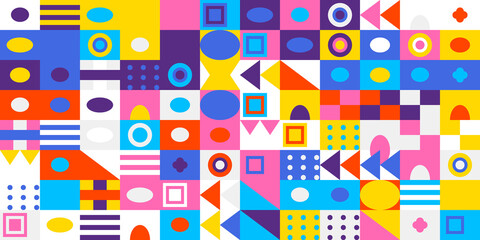 Colorful abstract geometric pattern with diverse shapes forming a vibrant, modern, and dynamic mosaic background design element