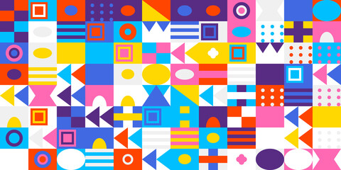 Colorful abstract geometric pattern background with diverse shapes including circles, squares, triangles, and lines, forming a vibrant modular design.