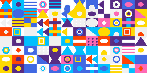 Vibrant abstract geometric pattern featuring diverse colorful shapes like circles, squares, triangles, and arrows, creating a dynamic and playful background design.