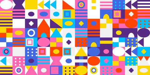 Vibrant abstract geometric pattern background featuring a playful mosaic of squares, circles, triangles, ovals, and stripes in bright, modern colors
