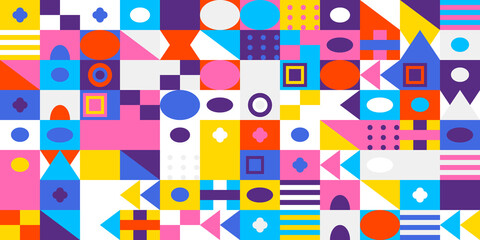 Vibrant abstract geometric mosaic pattern background with squares, circles, triangles, and dots in bright, cheerful primary colors, ideal for modern design