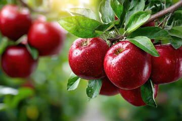 Obraz premium Red Apples with Water Drops on Branch