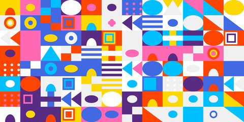 Vibrant geometric pattern background with a modern flat design style. abstract colorful mosaic composition of various shapes, lines, and bright colors.