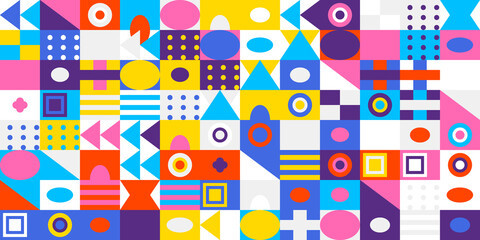 Abstract seamless pattern with vibrant geometric shapes, including squares, circles, triangles, and various lines, creating a modern retro design background.