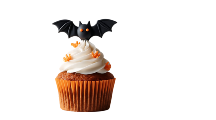 A Halloween-themed cupcake with white frosting, orange sprinkles, and a black bat topper with orange eyes, isolated on a white background.
