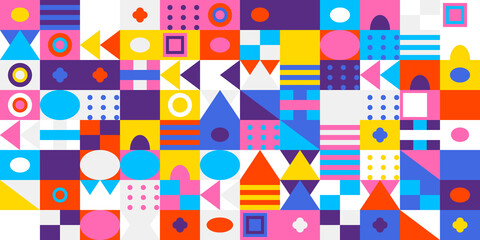 Abstract geometric pattern featuring a vibrant mosaic of colorful shapes including circles, triangles, squares, and lines for backgrounds