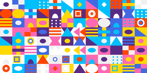 Fototapeta premium Vibrant geometric pattern with a playful retro-modern design featuring colorful shapes and dynamic arrows on a cheerful, lively background