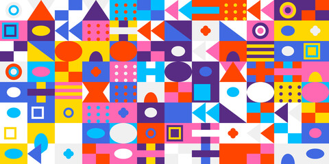 Abstract geometric pattern with colorful shapes and vibrant squares, circles, and triangles creating a playful mosaic design background