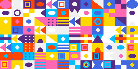Vibrant abstract geometric pattern background featuring diverse shapes, squares, circles, triangles, and bright colors for modern design and creative projects.