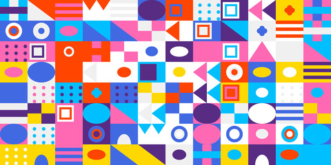 Vibrant abstract geometric seamless pattern with diverse colorful shapes, including squares, circles, and triangles, perfect for modern backgrounds.