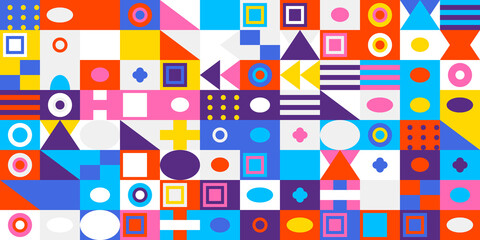 Colorful abstract geometric pattern background with vibrant shapes including squares, circles, triangles, ovals, and horizontal lines, in a modern aesthetic design
