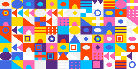 Vibrant seamless geometric pattern with colorful abstract shapes including squares, circles, triangles, ovals, and lines for modern design background texture