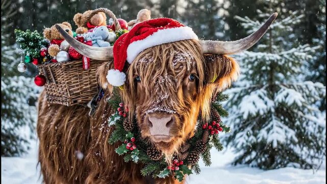Highland cow wearing Santa hat and festive wreath carrying gifts in snowy forest, breathing visible steam for unique Christmas delivery concept
