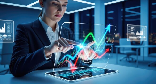 Executive woman assesses virtual financial charts on a translucent display. Her hand interacts with digital data, diligently performing a comprehensive fiscal examination of business metrics.