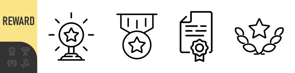 Reward set of web icons in line style. A collection of linear icons representing various reward concepts, including gift, trophy, recognition, reward program, medal, bonus, and more