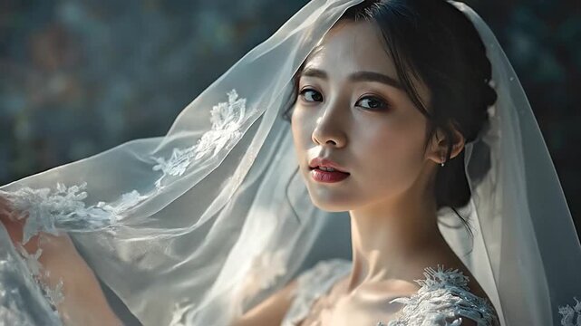 Beautiful Korean bride in a white wedding dress, soft lighting and a delicate veil