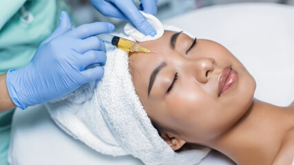 Naklejka premium Autologous platelet-rich plasma facial injection forehead, prp microinjections for skin rejuvenation, collagen induction therapy, minimally invasive therapy, periorbital revitalization, tear trough